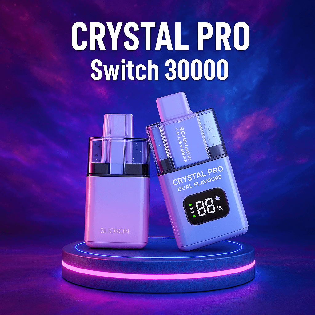 CRYSTAL PRO Switch 30000 vape devices with a glowing display, set against a vibrant cosmic background with neon lighting for a bold, futuristic look.