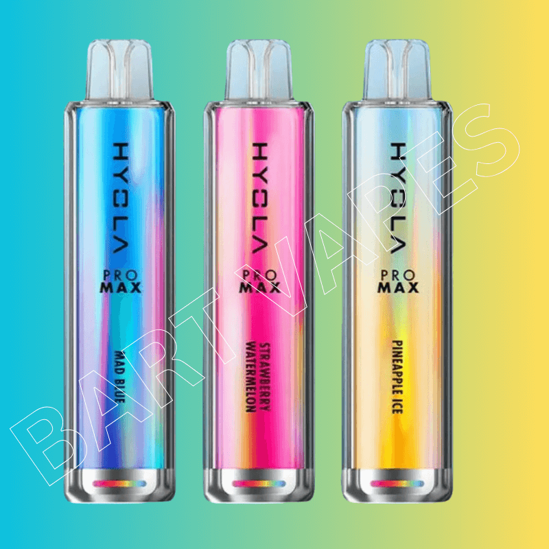 Three Hoyla Pro Max vapes in vibrant colors are displayed against a gradient blue-to-yellow background. Flavors shown are Mad Blue, Strawberry Watermelon, and Pineapple Ice, with "BART VAPES" watermark across.