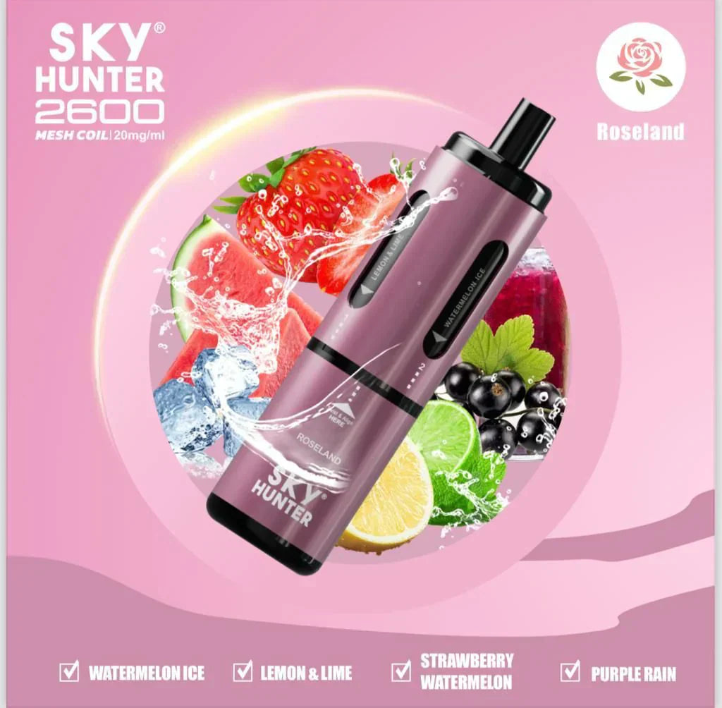 Sky Hunter 2600 Puffs Disposable Vape. Pink colour device with Water melon ice, Lemon & lime, Strawberry watermelon & Purple rain flavors