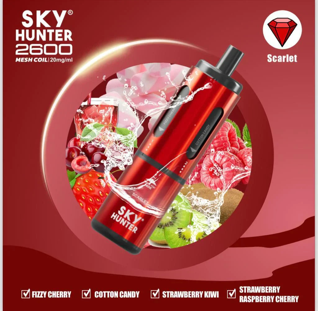 Sky Hunter 2600 Puffs Disposable Vape Pod. Red colour device with Fizzy cherry, Cotton candy, Strawberry kiwi & Strawberry raspberry cherry flavors