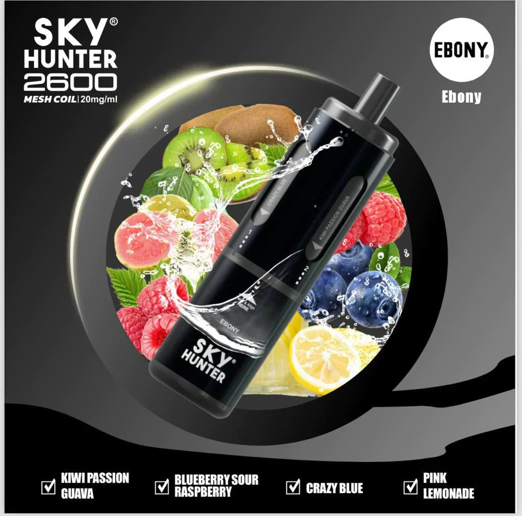 Sky Hunter 2600 Puffs Disposable Vape. black colour device with Kiwi passion guava, Blueberry sour raspberry, Crazy blue, pink lemonade flavors