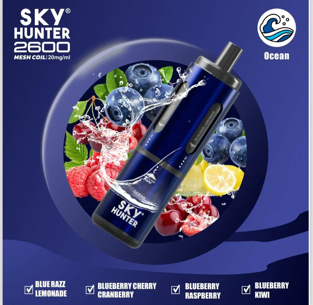 Sky Hunter 2600 Puffs Disposable Vape. Ocean blue colour device with Blue razz lemonade, Blueberry cherry cranberry, Blueberry raspberry, Blueberry kiwi flavors