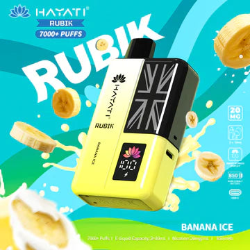 Hayati Rubik 7000+ Puffs Disposable Pod Vape Kit UK, with yellow Colour and having Banana Ice flavour.