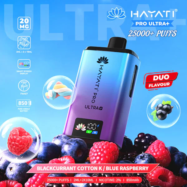 Hayati Pro Ultra+ 25000+ Puffs Disposable Vape UK, with Blue and Purple colour of device and having  Blackcurant Cotton K Blue Raspberry Flavours.