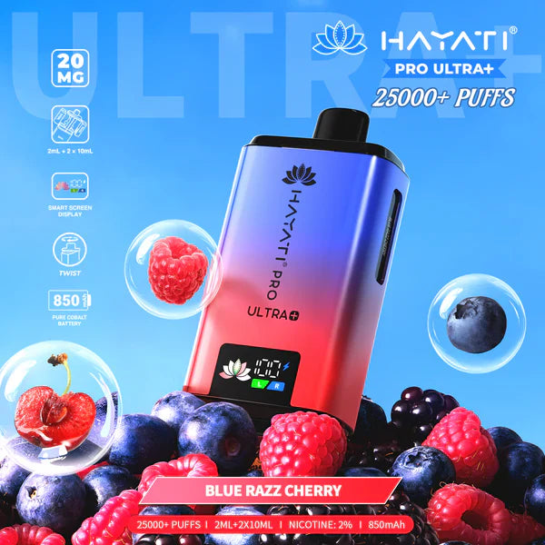 Hayati Pro Ultra+ 25000+ Puffs Disposable Vape UK, with Blue and Red colour of device and having  Blue Razz Cherry Flavours.