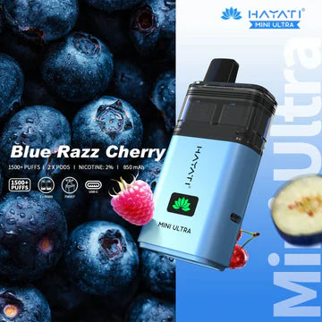 Hayati Mini Ultra 1500 Puffs Disposable Vape UK, with Blue Colour and having Blue Razz Cherry Flavour.