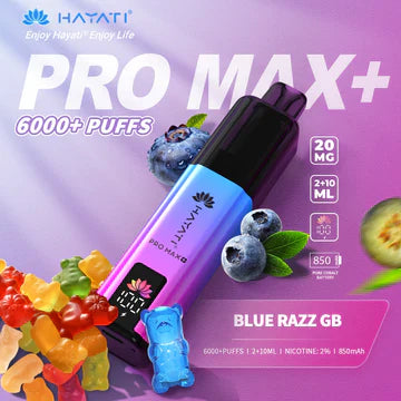 Hayati  Pro Max+ 6000 Puffs Vape Kit UK, with Blue and Pink Colour and having Blue Razz GB flavour.
