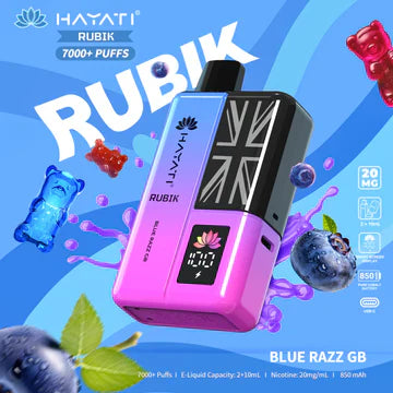 Hayati Rubik 7000+ Puffs Disposable Pod Vape Kit UK, with Pink and Purple Colour and having Blue Razz GB flavour.