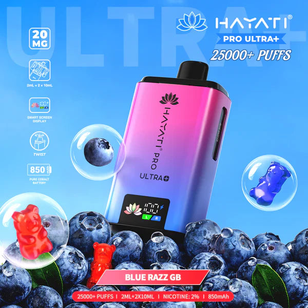 Hayati Pro Ultra+ 25000+ Puffs Disposable Vape UK, with Blue and Pink colour of device and having  Blue Razz Gummy Bear  Flavour.