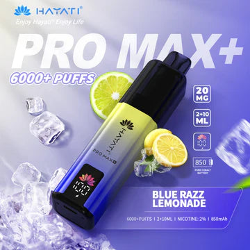 Hayati  Pro Max+ 6000 Puffs Vape Kit UK, with Blue and yellow Colour and having Blue Razz Lemonade flavour.