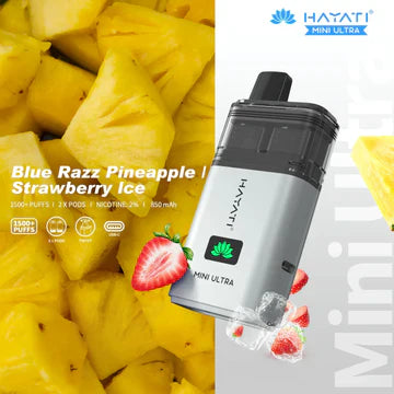 Hayati Mini Ultra 1500 Puffs Disposable Vape UK, with Silver Colour and having Blue Razz Pineapple Strawberry Ice Flavour.