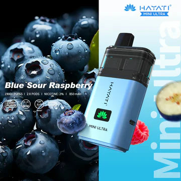 Hayati Mini Ultra 1500 Puffs Disposable Vape UK, with Blue Colour and having Blue Sour Raspberry Flavour.