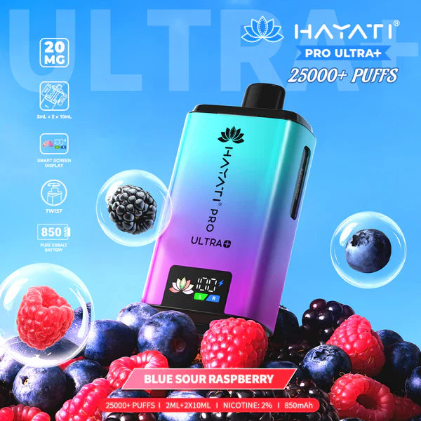 Hayati Pro Ultra+ 25000+ Puffs Disposable Vape UK, with Blue and Pink colour of device and having  Blue sour Raspberry Flavours.