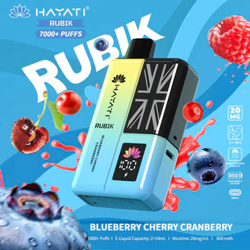 Hayati Rubik 7000+ Puffs Disposable Pod Vape Kit UK, with yellow and Blue Colour and having Blueberry Cherry Cranberry flavour.