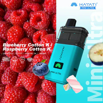 Hayati Mini Ultra 1500 Puffs Disposable Vape UK, with Blue Colour and having Blueberry Cotton K Raspberry Cotton K Flavour.