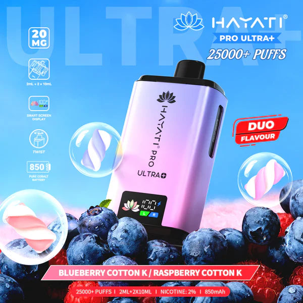 Hayati Pro Ultra+ 25000+ Puffs Disposable Vape UK, with Light Pink colour of device and having  Blueberry Cotton K Raspberry Cotton K Flavours.