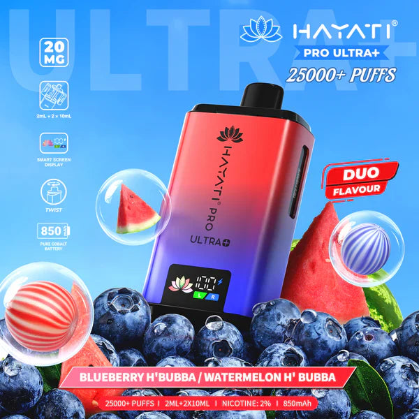 Hayati Pro Ultra+ 25000+ Puffs Disposable Vape UK, with Blue and Red colour of device and having  Blueberry H'Bubba \ Watermelon H'Bubba Flavours.