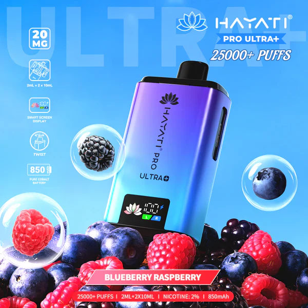 Hayati Pro Ultra+ 25000+ Puffs Disposable Vape UK, with Blue and Purple colour of device and having  Blueberry Raspberry Flavours.