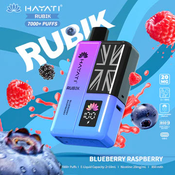 Hayati Rubik 7000+ Puffs Disposable Pod Vape Kit UK, with Purple Colour and having Blueberry raspberry flavour.