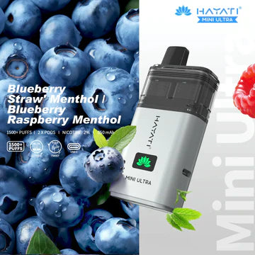 Hayati Mini Ultra 1500 Puffs Disposable Vape UK, with Silver White Colour and having Blue Straw menthol Blueberry raspberry Menthol Flavour.