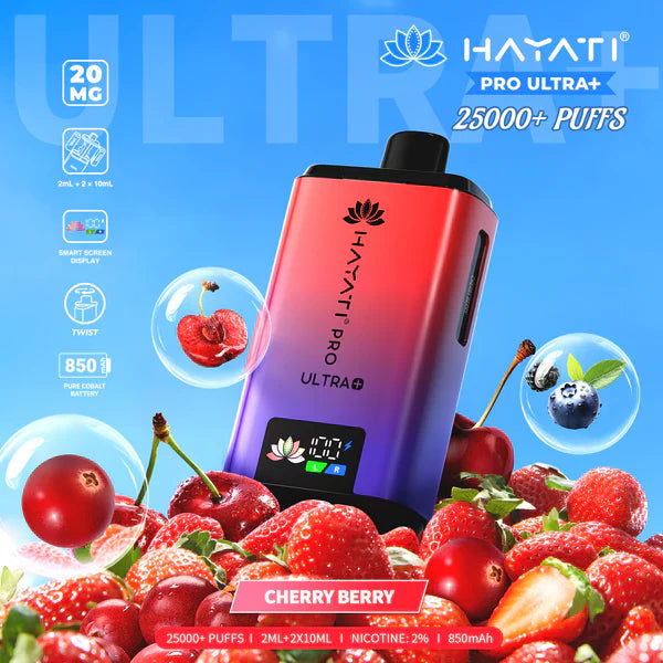 Hayati Pro Ultra+ 25000+ Puffs Disposable Vape UK, with Red and Purple colour of device and having  Cherry Berry  Flavours.
