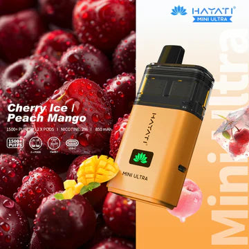 Hayati Mini Ultra 1500 Puffs Disposable Vape UK, with Yellow Colour and having Cherry Ice Peach Mango Flavour.