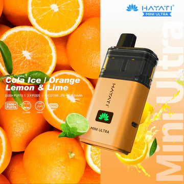 Hayati Mini Ultra 1500 Puffs Disposable Vape UK, with Yellow Colour and having Cola Ice | Orange Lemon & Lime Flavour.