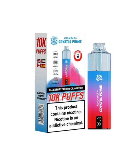 Crystal Prime 10000 Puffs Disposable Vape UK, having Red and Blue colour and  Blueberry Cherry Cranberry flavour.
