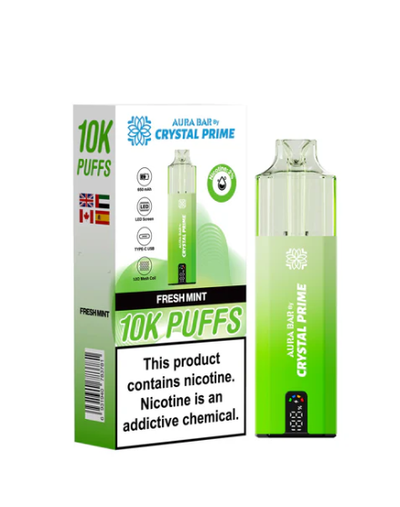 Crystal Prime 10000 Puffs Disposable Vape UK, having Green colour and  Fresh Mint flavour.