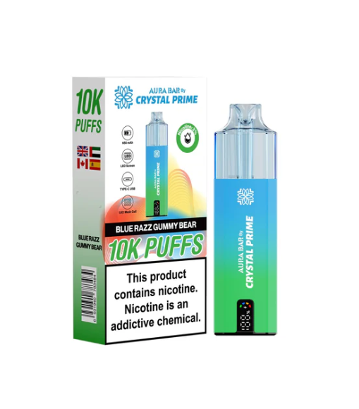 Crystal Prime 10000 Puffs Disposable Vape UK, having Green and Blue colour and  Blue razz Gummy Bear flavour.