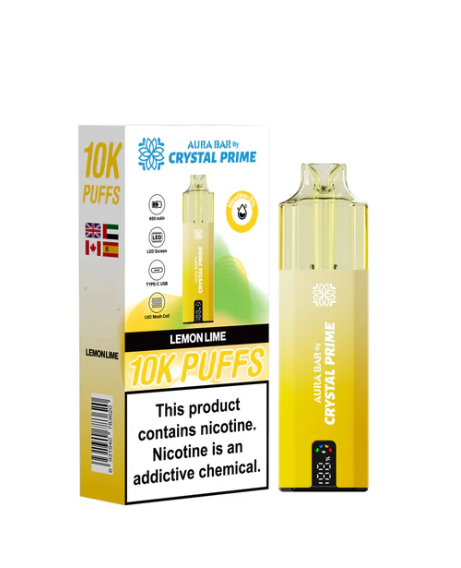 Crystal Prime 10000 Puffs Disposable Vape UK, having Yellow colour and  Lemon Lime flavour.