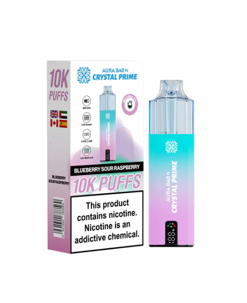 Crystal Prime 10000 Puffs Disposable Vape UK, having Purple and Blue colour and  Blueberry Sour Raspberry  flavour.