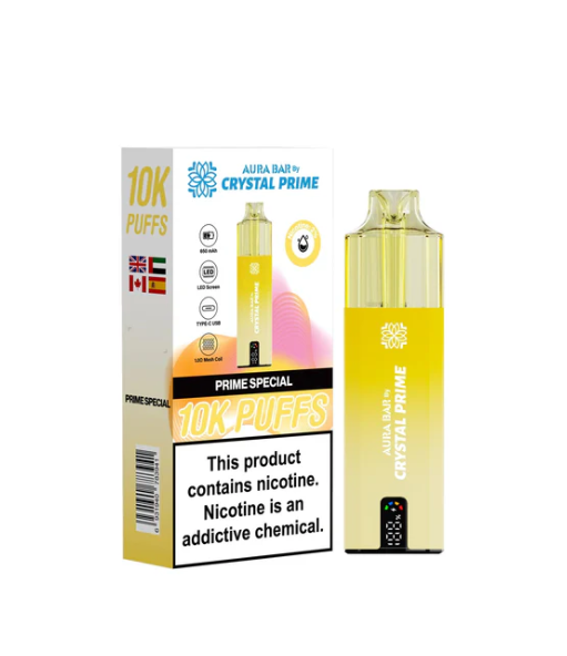 Crystal Prime 10000 Puffs Disposable Vape UK, having Yellow colour and  Prime Specail flavour.