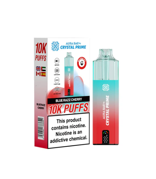 Crystal Prime 10000 Puffs Disposable Vape UK, having Green and Red colour and  Blue razz Cherry flavour.