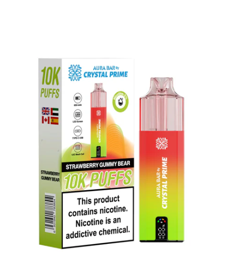 Crystal Prime 10000 Puffs Disposable Vape UK, having Green and Red colour and  Strawberry Gummy Bear flavour.