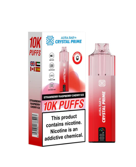 Crystal Prime 10000 Puffs Disposable Vape UK, having Red colour and  Strawberry Raspberry Cherry Ice flavour.