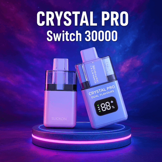  CRYSTAL PRO Switch 30000 vape devices with a glowing display, set against a vibrant cosmic background with neon lighting for a bold, futuristic look.