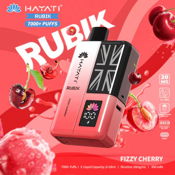 Hayati Rubik 7000+ Puffs Disposable Pod Vape Kit UK, with red Colour and having Fizzy Cherry flavour.
