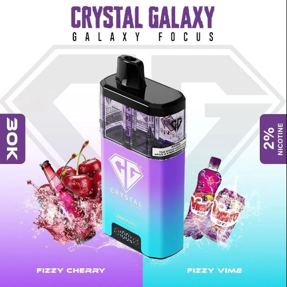 A disposable Crystal Galaxy vape with a gradient purple-blue finish, a black mouthpiece, 30K puffs, 2% nicotine, and Fizzy Cherry and Fizzy Vim2 flavour.