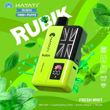 Hayati Rubik 7000+ Puffs Disposable Pod Vape Kit UK, with Green Colour and having Fresh Mint flavour.