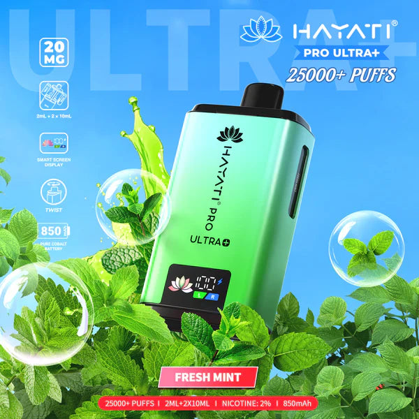 Hayati Pro Ultra+ 25000+ Puffs Disposable Vape UK, with Fresh Green colour of device and having  Fresh Mint Flavours.
