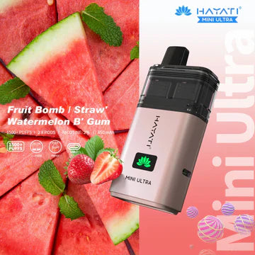 Hayati Mini Ultra 1500 Puffs Disposable Vape UK, with Off Silver  Colour and having Fruit Bomb | Straw watermelon B Gum Flavour.