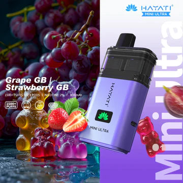 Hayati Mini Ultra 1500 Puffs Disposable Vape UK, with Purple Colour and having Grape GB | Strawberry GB Flavour.