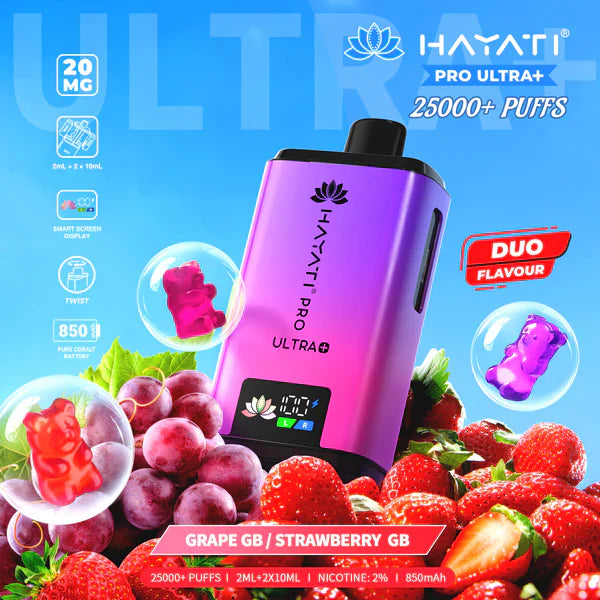 Hayati Pro Ultra+ 25000+ Puffs Disposable Vape UK, with Pink and Purple colour of device and having  Grape GB \ Strawberry GB Flavours.