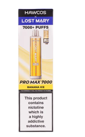 HAWCOS x Lost Mary Pro Max 7000 Disposable Kit UK, With Yellow Colour and having Banana IceFlavours.