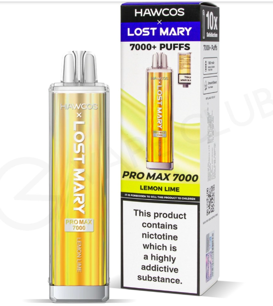HAWCOS x Lost Mary Pro Max 7000 Disposable Kit UK, With Yellow Colour and having Lemon Lime  Flavours