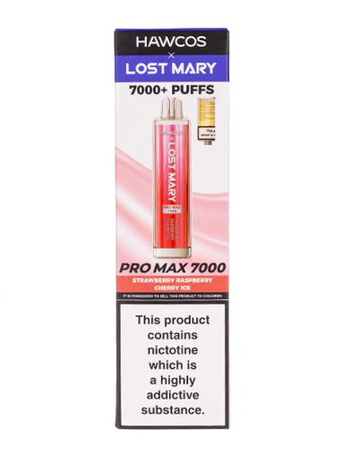 HAWCOS x Lost Mary Pro Max 7000 Disposable Kit UK, With Pink Colour and having Strawberry Raspberry Cherry ice Flavours.