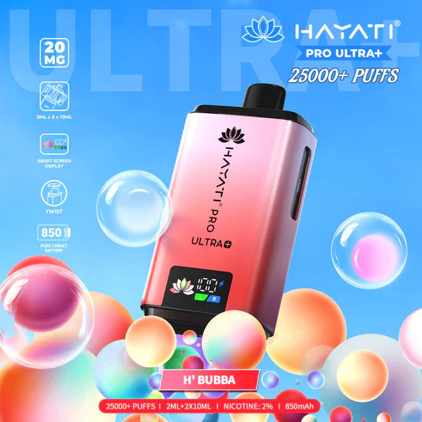 Hayati Pro Ultra+ 25000+ Puffs Disposable Vape UK, with Pink and Light Peach of device and having H'Bubba Flavours.