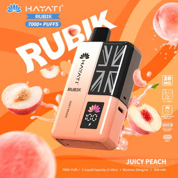 Hayati Rubik 7000+ Puffs Disposable Pod Vape Kit UK, with Orange Colour and having Juicy Peach flavour.