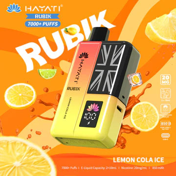 Hayati Rubik 7000+ Puffs Disposable Pod Vape Kit UK, with yellow and Orange Colour and having Lemon Cola Ice flavour.